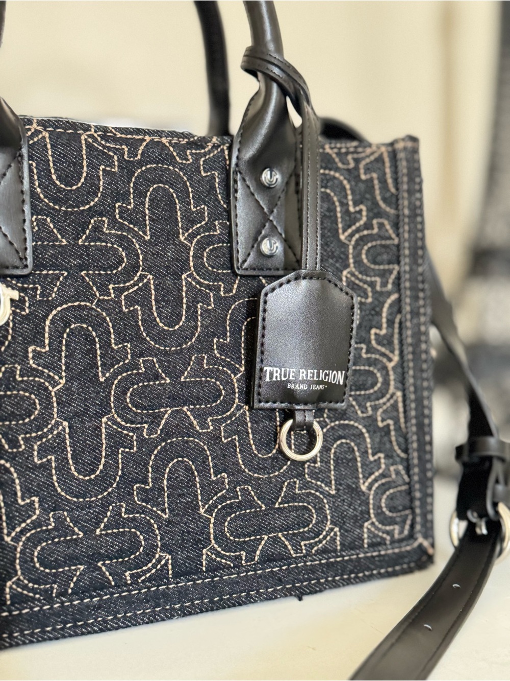 True Religion Black Denim Satchel with Leather Trim and Logo Stitching - Picture 8 of 11